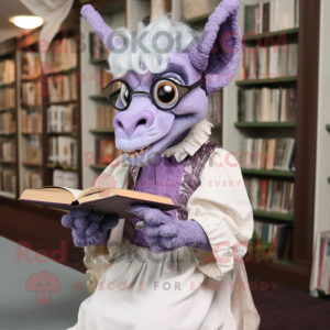 Lavender Gargoyle mascot costume character dressed with a Blouse and Reading glasses