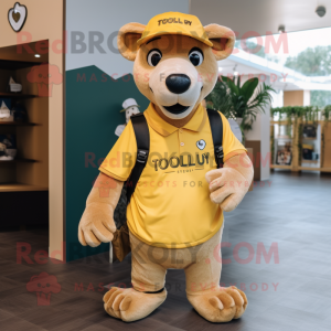 Gold Thylacosmilus mascot costume character dressed with a Polo Shirt and Backpacks