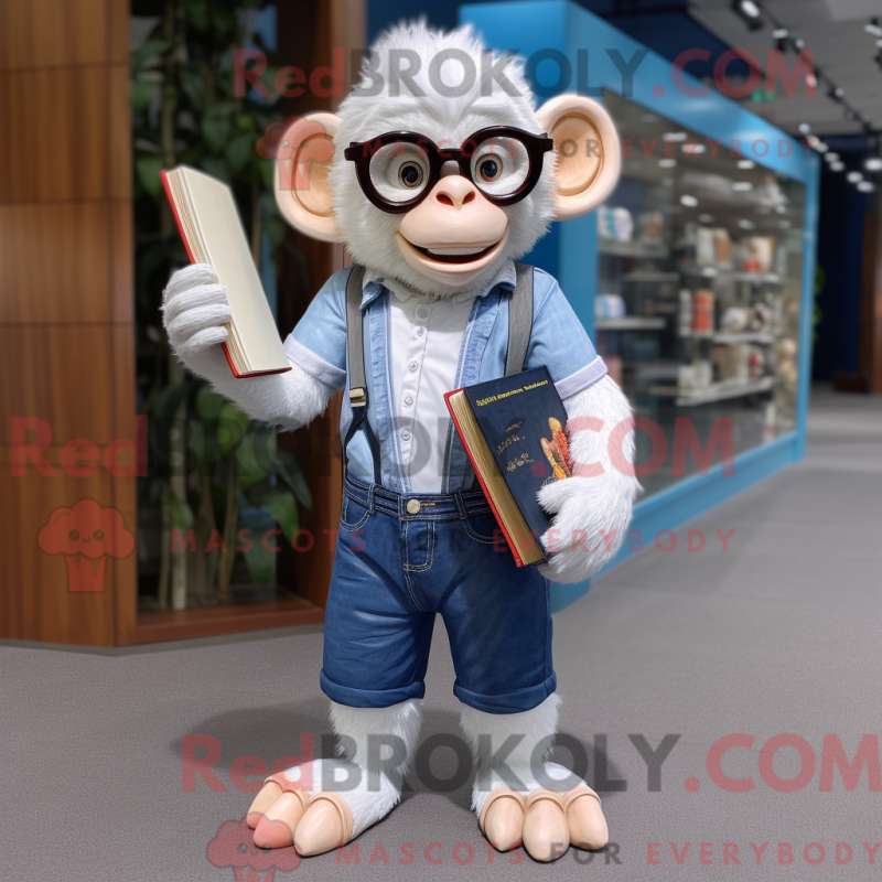 Disfraz de mascota mono blanco vestido con pantalones cortos de