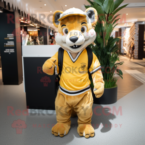 Gold Thylacosmilus mascot costume character dressed with a Polo Shirt and Backpacks