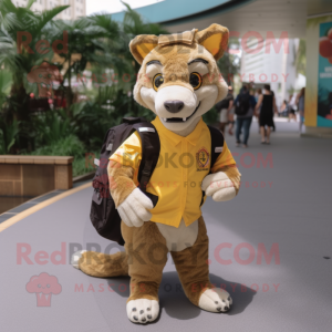 Gold Thylacosmilus mascot costume character dressed with a Polo Shirt and Backpacks