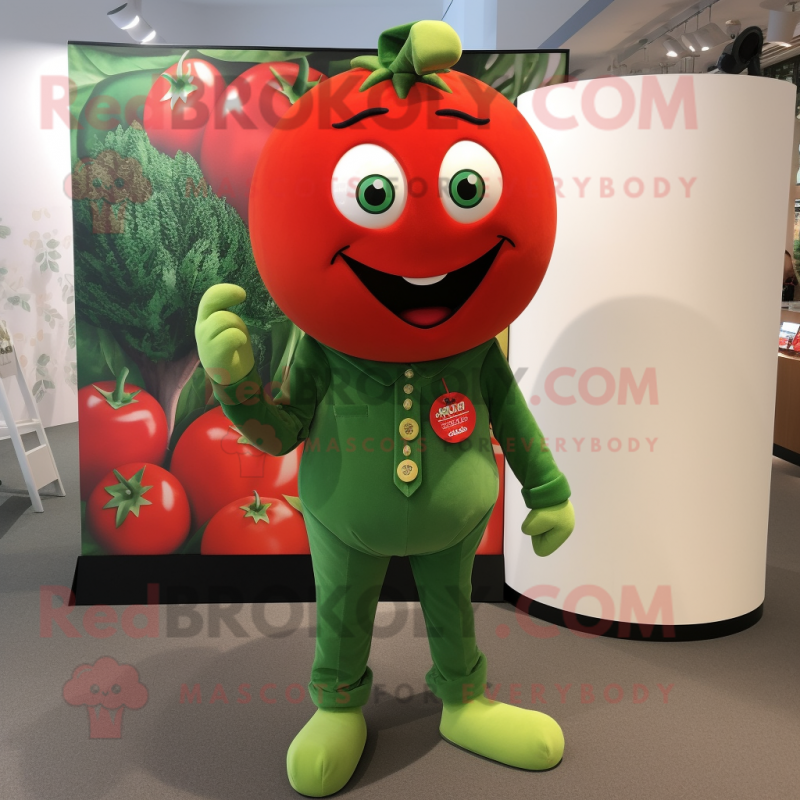 Olive Tomato mascot costume character dressed with a Jumpsuit and Lapel pins