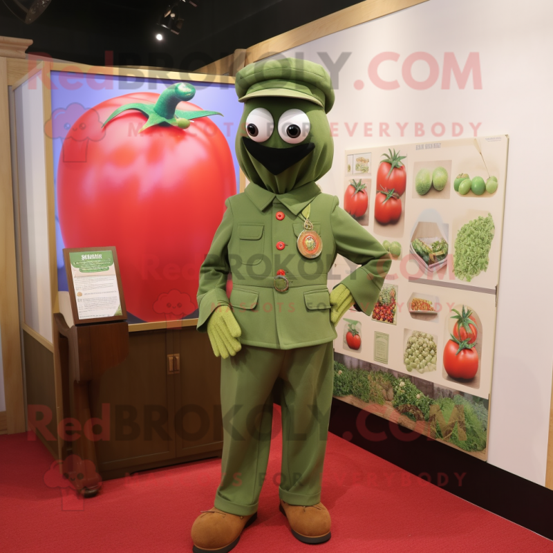 Olive Tomato mascot costume character dressed with a Jumpsuit and Lapel pins