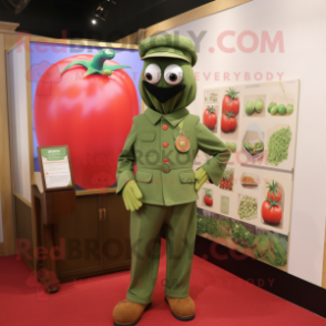 Olive Tomato mascot costume character dressed with a Jumpsuit and Lapel pins