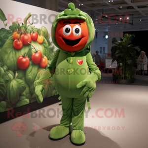 Olive Tomato mascot costume character dressed with a Jumpsuit and Lapel pins