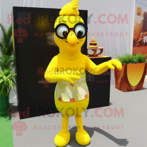 Lemon Yellow Tandoori Chicken mascot costume character dressed with a Romper and Eyeglasses