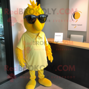 Lemon Yellow Tandoori Chicken mascot costume character dressed with a Romper and Eyeglasses