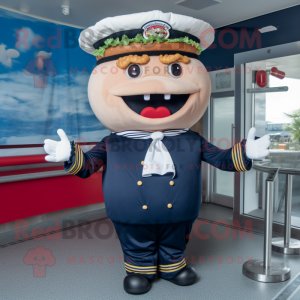 Navy Hamburger mascot costume character dressed with a V-Neck Tee and Headbands