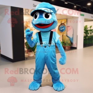 Cyan Python mascot costume character dressed with a Dungarees and Hat pins