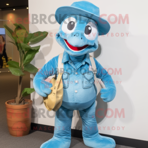 Cyan Python mascot costume character dressed with a Dungarees and Hat pins