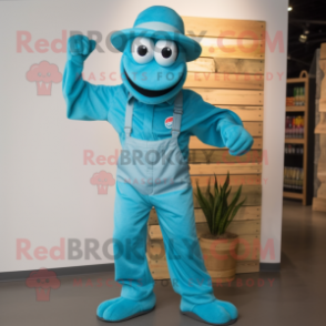 Cyan Python mascot costume character dressed with a Dungarees and Hat pins