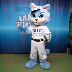 Sky Blue Lynx mascot costume character dressed with a Baseball Tee and Belts