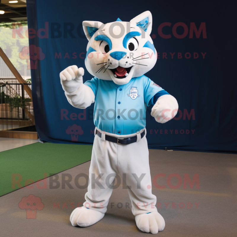 Sky Blue Lynx mascot costume character dressed with a Baseball Tee and Belts