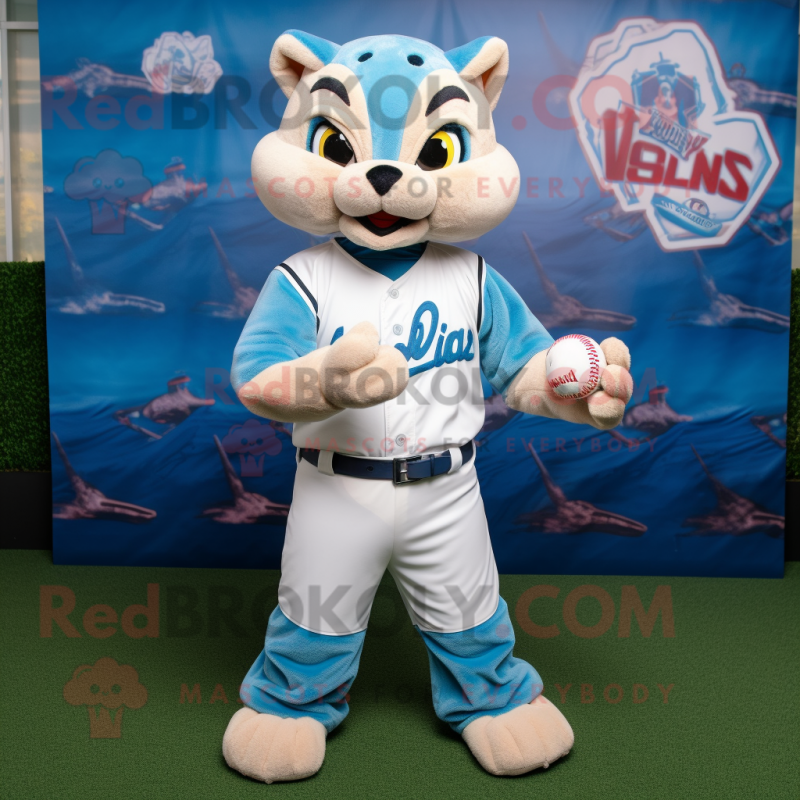 Sky Blue Lynx mascot costume character dressed with a Baseball Tee and Belts