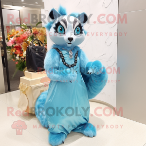 Sky Blue Civet mascot costume character dressed with a Ball Gown and Messenger bags
