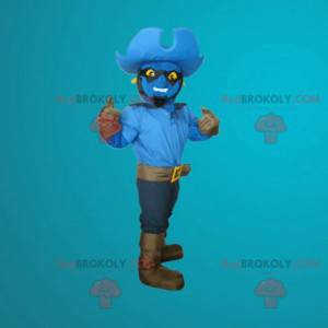 Blaues Schneemannmaskottchen als Cowboy verkleidet -