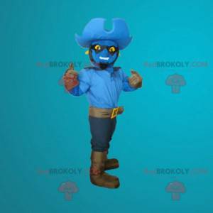 Mascote do boneco de neve azul vestido de cowboy -