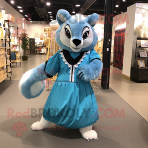 Sky Blue Civet mascot costume character dressed with a Ball Gown and Messenger bags