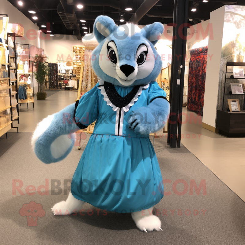 Sky Blue Civet mascot costume character dressed with a Ball Gown and Messenger bags Sky Blue Civet mascot costume character dressed with a Ball Gown and Messenger bags