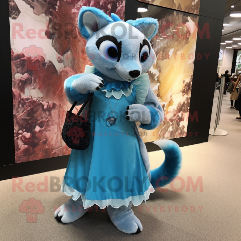 Sky Blue Civet mascot costume character dressed with a Ball Gown and Messenger bags