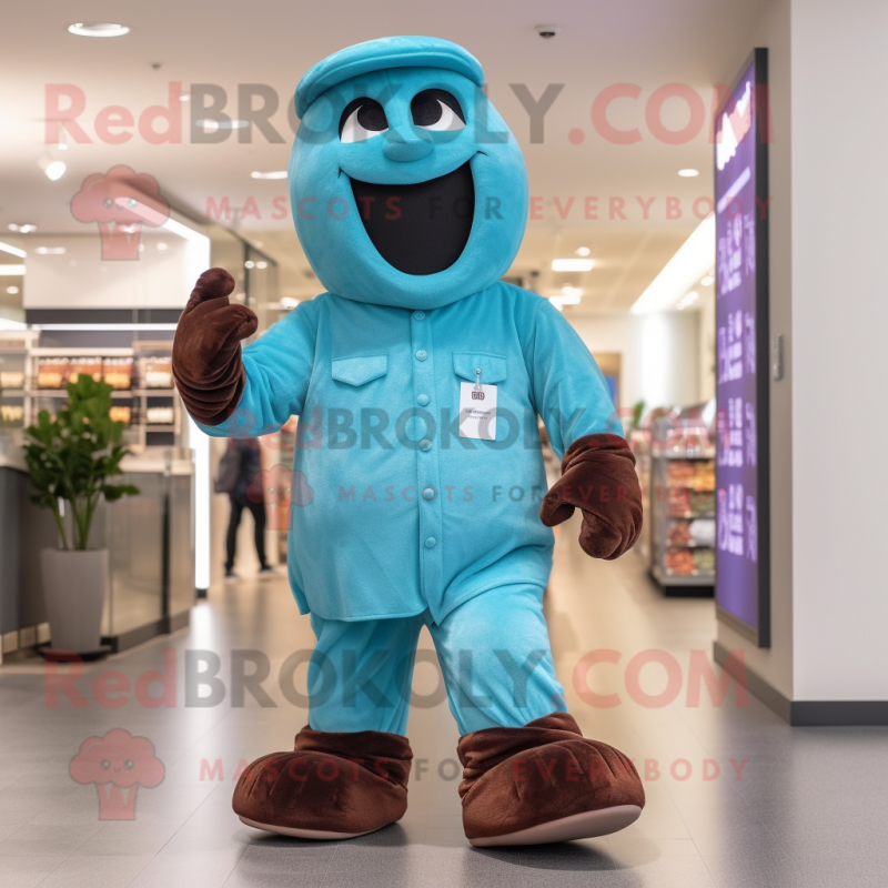 Cyan Chocolates mascot costume character dressed with a Joggers and Hat pins Cyan Chocolates mascot costume character dressed with a Joggers and Hat pins