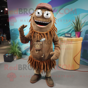 Brown Ceviche mascot costume character dressed with a Corduroy Pants and Necklaces