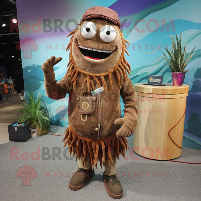 Brown Ceviche mascot costume character dressed with a Corduroy Pants and Necklaces Brown Ceviche mascot costume character dressed with a Corduroy Pants and Necklaces