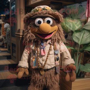 Brown Ceviche mascot costume character dressed with a Corduroy Pants and Necklaces