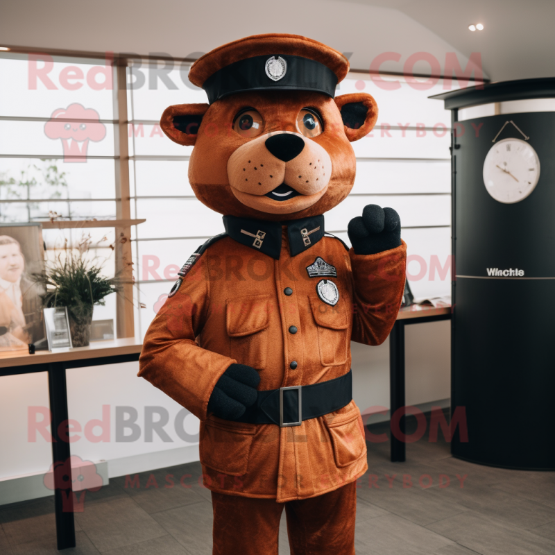 Rust Police Officer mascot costume character dressed with a Waistcoat and Earrings Rust Police Officer mascot costume character dressed with a Waistcoat and Earrings
