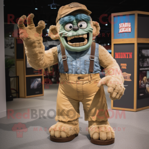 Tan Frankenstein'S Monster mascot costume character dressed with a Denim Shorts and Mittens