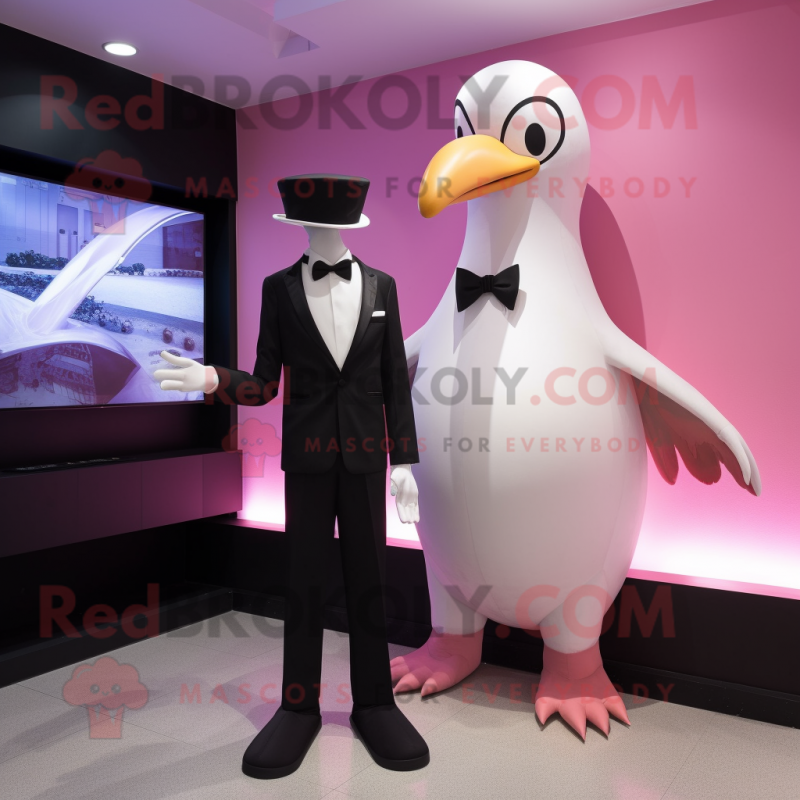 Pink Albatross mascot costume character dressed with a Tuxedo and Watches Pink Albatross mascot costume character dressed with a Tuxedo and Watches