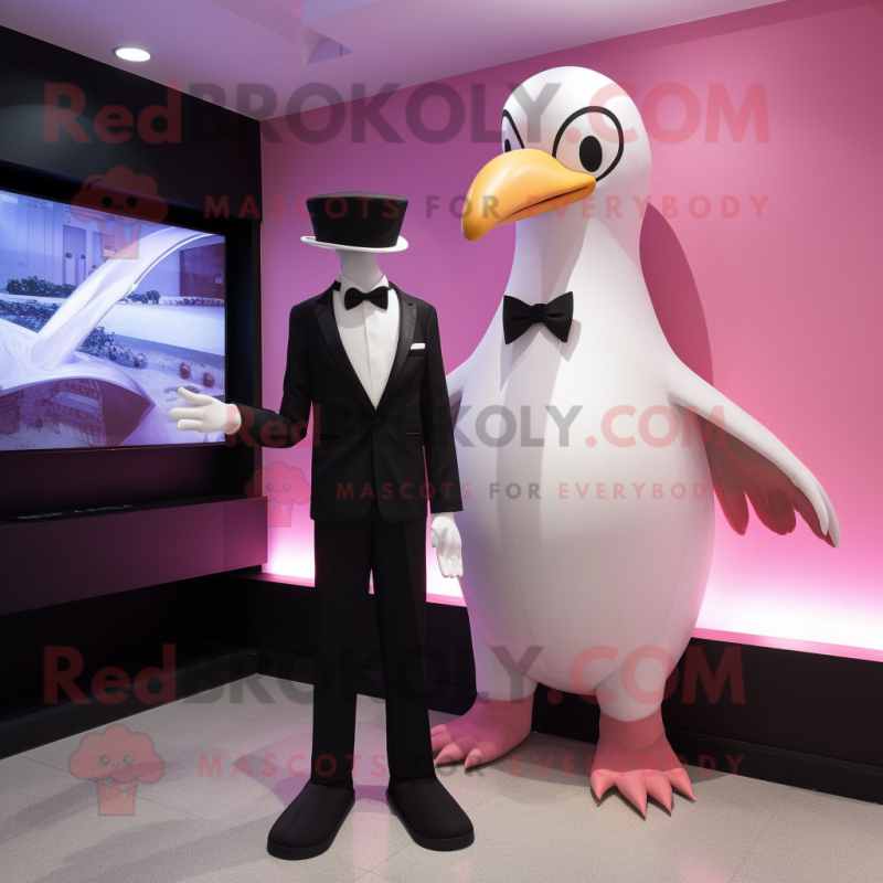 Pink Albatross mascot costume character dressed with a Tuxedo and Watches