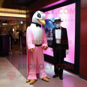 Pink Albatross mascot costume character dressed with a Tuxedo and Watches