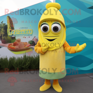 Lemon Yellow Enchiladas mascot costume character dressed with a Turtleneck and Beanies
