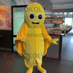 Lemon Yellow Enchiladas mascot costume character dressed with a Turtleneck and Beanies