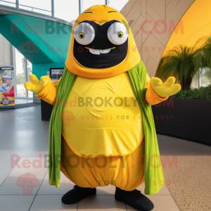 Lemon Yellow Enchiladas mascot costume character dressed with a Turtleneck and Beanies