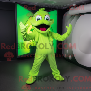 Limegrön hydramaskotdräkt iklädd overall och hattar - Hydra Mascots - REBROKO_358556 - RedBrokoly.com