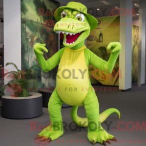 Limegrön hydramaskotdräkt iklädd overall och hattar - Hydra Mascots - REBROKO_358557 - RedBrokoly.com