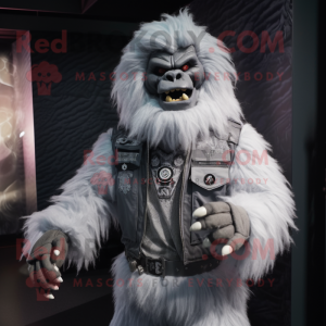 Gray Yeti mascot costume character dressed with a Biker Jacket and Tie pins