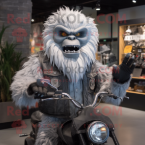 Gray Yeti mascot costume character dressed with a Biker Jacket and Tie pins