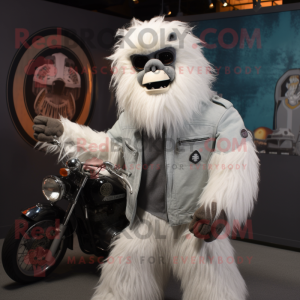 Gray Yeti mascot costume character dressed with a Biker Jacket and Tie pins