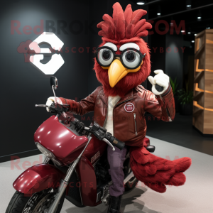Maroon Peacock mascot costume character dressed with a Biker Jacket and Eyeglasses