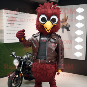 Maroon Peacock mascot costume character dressed with a Biker Jacket and Eyeglasses