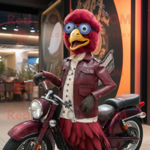 Maroon Peacock mascot costume character dressed with a Biker Jacket and Eyeglasses