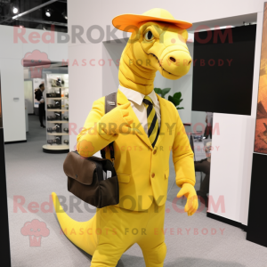 Yellow Parasaurolophus mascot costume character dressed with a Suit and Backpacks