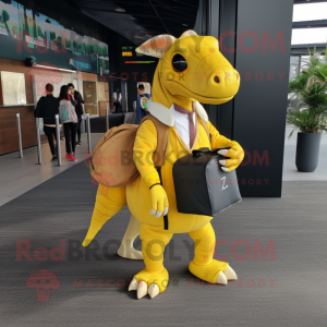 Yellow Parasaurolophus mascot costume character dressed with a Suit and Backpacks