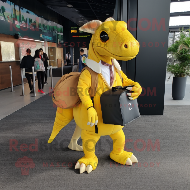 Yellow Parasaurolophus mascot costume character dressed with a Suit and Backpacks