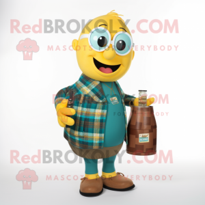 Teal Bottle Of Mustard mascot costume character dressed with a Flannel Shirt and Handbags