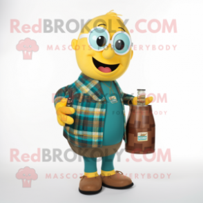 Teal Bottle Of Mustard mascot costume character dressed with a Flannel Shirt and Handbags