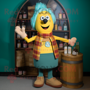 Teal Bottle Of Mustard mascot costume character dressed with a Flannel Shirt and Handbags